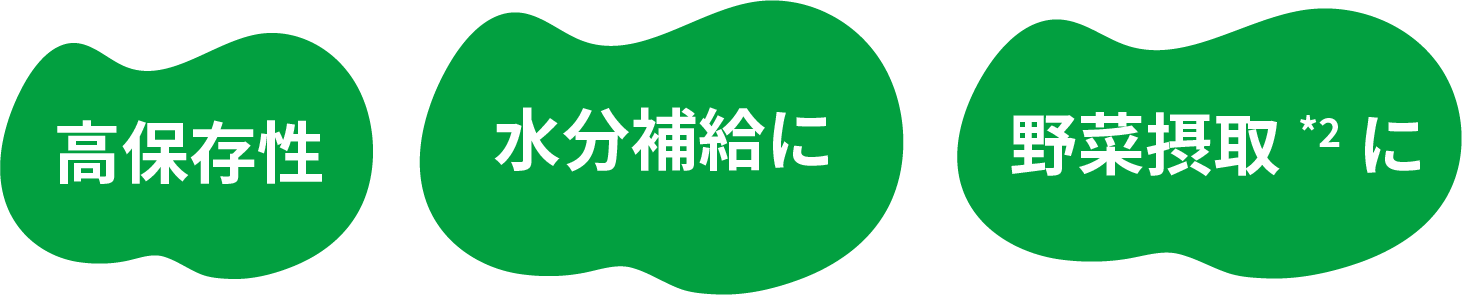 「高保存性」「水分補給に」「野菜摂取に」