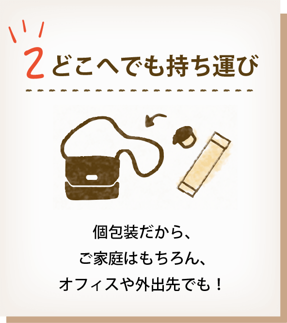 2 どこへでも持ち運び 個包装だから、ご家庭はもちろん、オフィスや外出先でも!